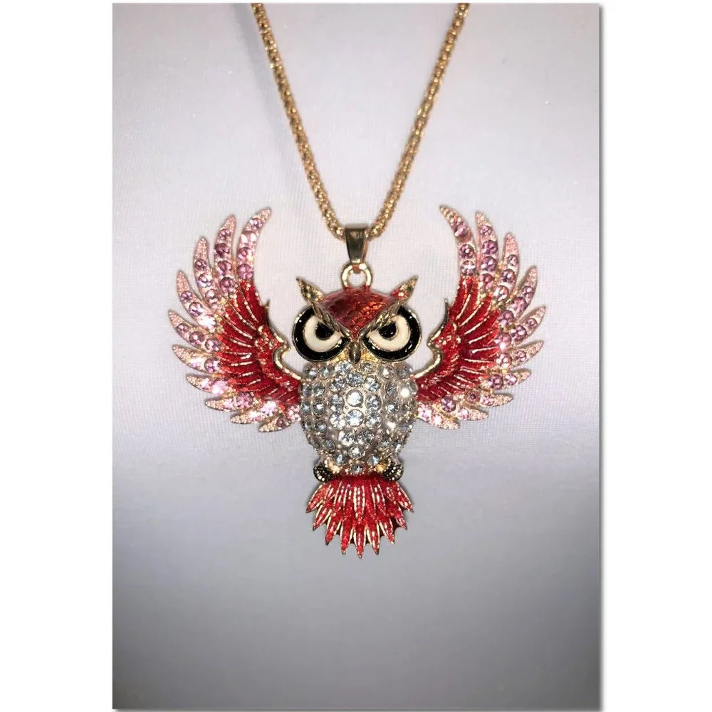 Betsey Johnson Sparkly Open Winged Crystal Owl Pendant Statement Necklace EUC - Picture 5 of 6